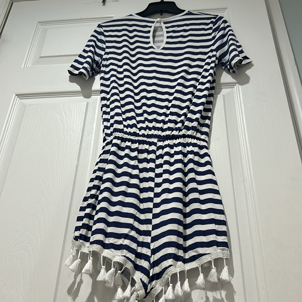 PrettyLittleThing- Navy Striped Romper with Tassels